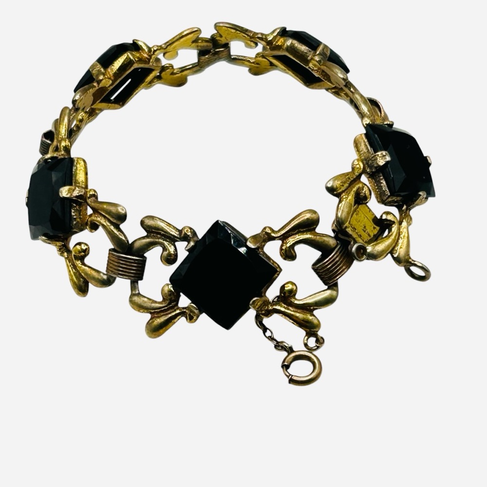 Vintage Sterling Vermeil Black Glass 1940’s Link Bracelet